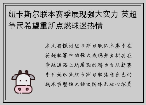 纽卡斯尔联本赛季展现强大实力 英超争冠希望重新点燃球迷热情 纽卡斯尔联本赛季展现强大实力 英超争冠希望重新点燃球迷热情